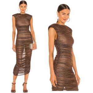 Bronx and Banco Maya Ruched Sheer Mesh Glitter Fitted Midi Dress Brown - S